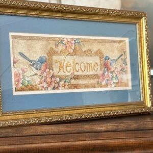 Carolyn Shores Wright Vtg Framed/Matted Blue Bird “Welcome”Print 19”x 10” EUC
